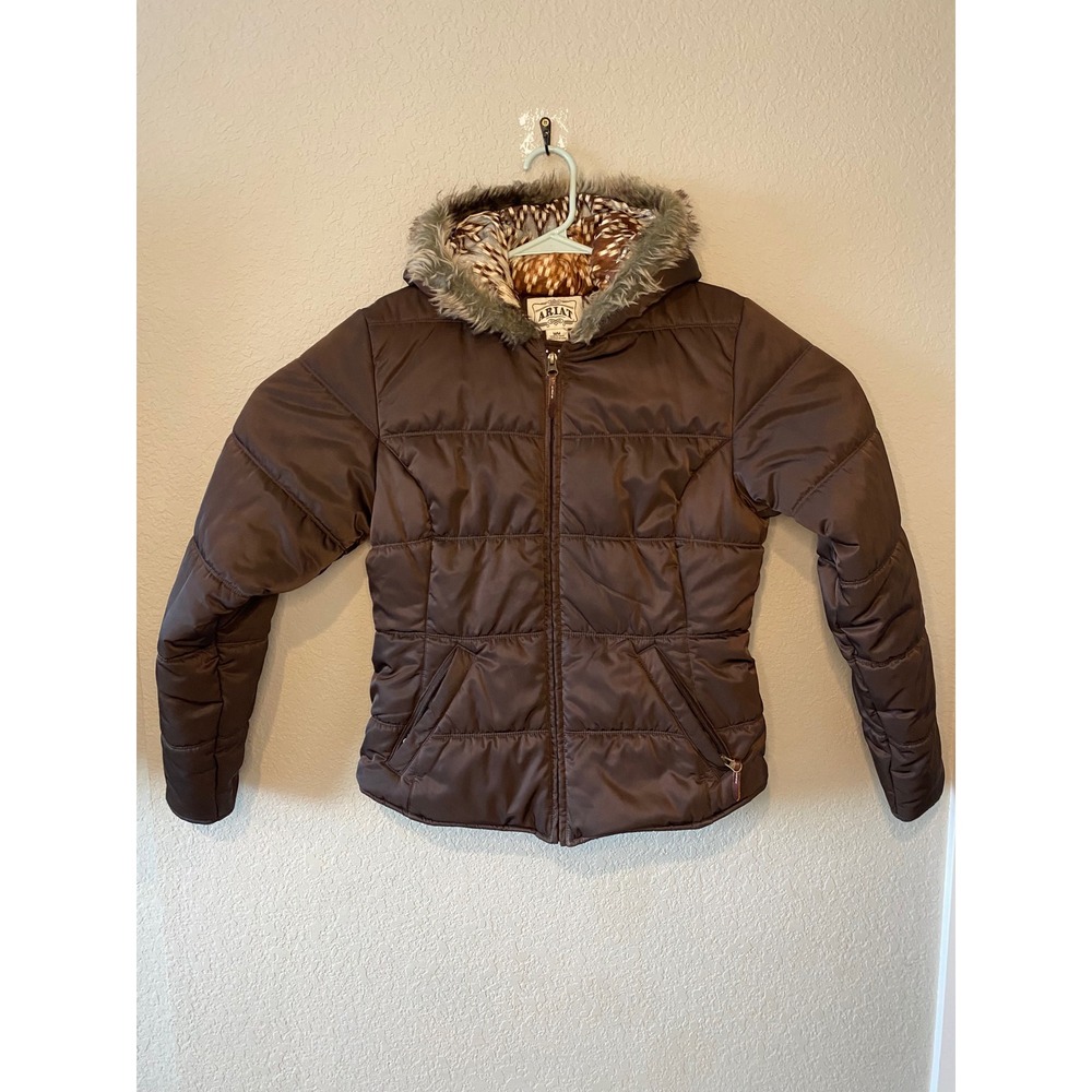 Ariat Puffer Jacket Faux Fur Hooded Quilted Brown Winter Coat Size M/M